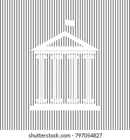 Historical building with flag. Vector. White icon on grayish striped background. Optical illusion.
