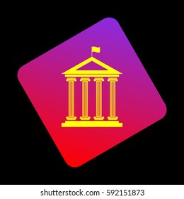 Historical building with flag. Vector. Yellow icon at violet-red gradient square with rounded corners rotated for dynamics on black background.