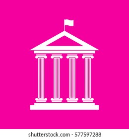 Historical building with flag. White icon at magenta background.