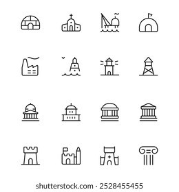 Historical building icon. Ancient Greek columns. architecture pillars. Roman antique decoration. Art sculptures. Ornate classic pedestals. Antiquity logo. Vector tidy building isolated elements set