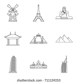 Historical building icons set. Outline set of 9 historical building vector icons for web isolated on white background