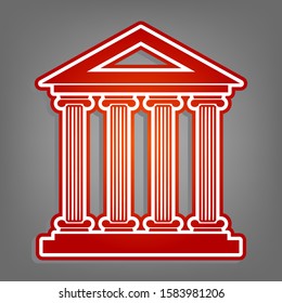 Historical building illustration. Flat red icon with linear white icon with gray shadow at grayish background. Illustration.