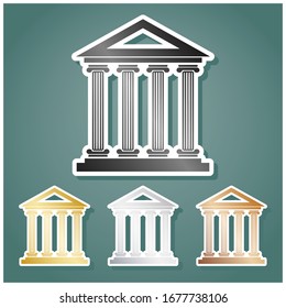 Historical building illustration. Set of metallic Icons with gray, gold, silver and bronze gradient with white contour and shadow at viridan background. Illustration.