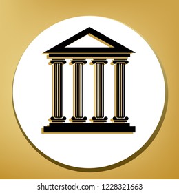 Historical building illustration. Vector. Black icon with light brown shadow in white circle with shaped ring at golden background.