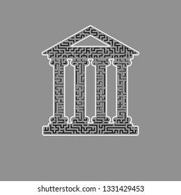 Historical building illustration. Vector. Black maze filled icon with white border at gray background.