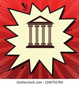Historical building illustration. Vector. Dark red icon in lemon chiffon shutter bubble at red popart background with rays.