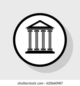Historical building illustration. Vector. Flat black icon in white circle with shadow at gray background.