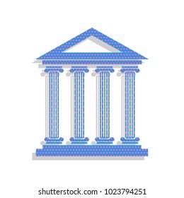 Historical building illustration. Vector. Neon blue icon with cyclamen polka dots pattern with light gray shadow on white background. Isolated.