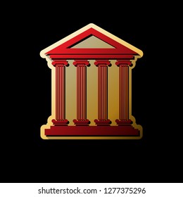 Historical building illustration. Vector. Red icon with small black and limitless shadows at golden sticker on black background.