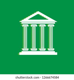 Historical building illustration. Vector. White flat icon with yellow striped shadow at green background.