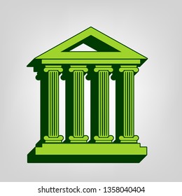Historical building illustration. Vector. Yellow green solid icon with dark green external body at light colored background.