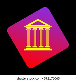 Historical building illustration. Vector. Yellow icon at violet-red gradient square with rounded corners rotated for dynamics on black background.