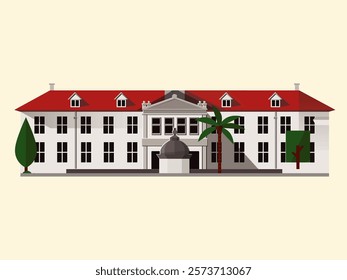 historical building, there are two floors, the roof of the building is red, the fence is gray, in front there are pine trees and coconut trees, the background is cream