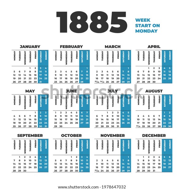 Historical Calendar 1885 Year Weeks Start Stock Vector (Royalty Free ...