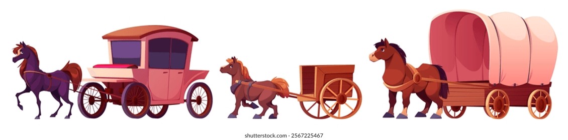 Historical cart and horse carriage set - retro brougham, wooden cargo wagon, covered frontier transport. Brown stallions pulling wheeled vintage vehicles for western games or antique design.