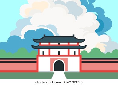 A historical Chinese gate under cloudy sky.