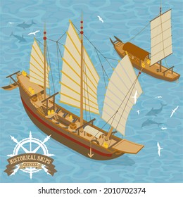 Historical Chinese Sail Ships Vecotor Illustration In Isometric Perspective