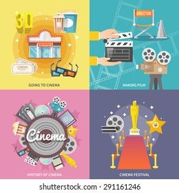 Historical cinema festival movie theater entrance tickets set 4 flat icons square composition abstract isolated vector illustration