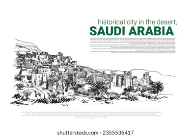 Historical  city in the desert, Saudi Arabia Vector Illustration. 