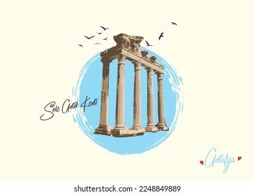 Historical city Temple of Apollon ruins. Manavgat, Side, Antalya TURKEY- vector illustration