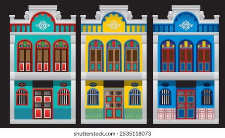 Historical and colorful double story shop houses. Vector. Isolated with black color background.