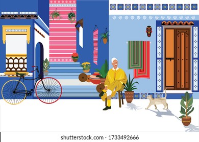Historical Colorful House and Man setting on chair relaxing Cat Walk and standing bicycle and Lots of Flowers plants pots 