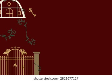 Historical corridor silhouette side margin with hanging ornate frames. Elegant European archway vertical layout for dark academia branding.
