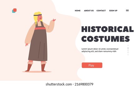 Historical Costumes Landing Page Template. Little Girl Wear Antique Scandinavian Dress, Viking Female Character with Pigtails, Personage of Nordic Legends and Fairytale. Cartoon Vector Illustration