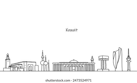 Historical and cultural attractions of Kuwait. Cityscape of an Asian country. Buildings drawn with black lines for tourism use. Vector.