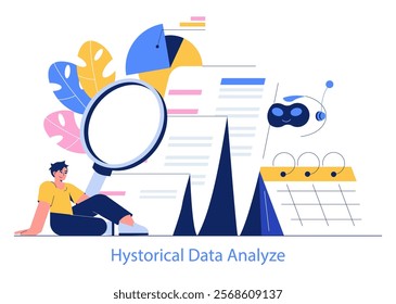 Historical Data Analysis concept. An individual examines past trends using a magnifying glass amidst graphs and a calendar. Analytical research in a business setting. Vector illustration.