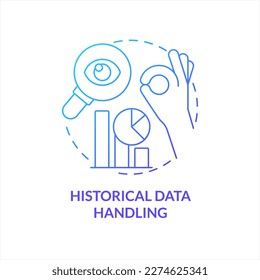 Icono de concepto de degradado azul de manejo de datos históricos. Análisis de negocios. Optimizar la ilustración de línea delgada de ideas abstractas de procesos de trabajo. Dibujo de contorno aislado. Se usa una fuente Myriad Pro-Bold
