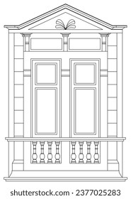 Historical Decorative Window, Europe around 1900, Architectural Drawing. True to Scale, Scalable, Customizable. Detailed Drawing with Stucco, Pilasters, Windowsills, Ornaments.