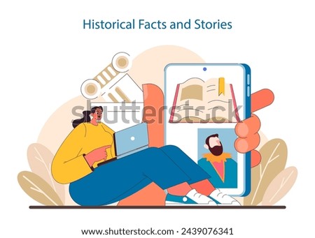 Historical Discovery concept. Digital exploration of ancient civilizations and significant events. Bringing the past to the present with technology. Flat vector illustration.