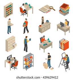 Historical documents manuscripts and publications storage library archive catalog helves isometric icons set abstract isolated vector illustration 