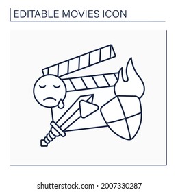 Historical drama movie line icon. Costume drama show past time period. Based on historical events, battles, real characters. Movie concept. Isolated vector illustration. Editable stroke