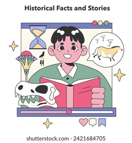 Historical Facts and Stories concept. Discovering the past through engaging visuals of artifacts and timelines. Educational journey in history. Flat vector illustration.