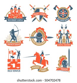 Historical and fairy heraldic emblems and logos set with knights towers and archers flat isolated vector illustration