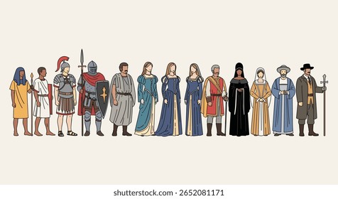 Coleção de figuras históricas com diversos personagens e representações da era