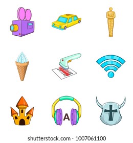 Historical film icons set. Cartoon set of 9 historical film vector icons for web isolated on white background