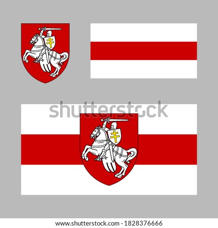 Historical Flag of Belarus. Flag with The Pahonia Against the Background of the White-Red-White flag. Historical coat of arms of Belarus and the Grand Duchy of Lithuania on Gray Backdrop