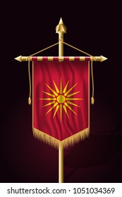 Historical Flag of Republic of Macedonia. Festive Vertical Banner. Wall Hangings with Gold Tassel Fringing