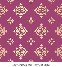 Historical Floral Seamless Pattern, Gold Flora on Burgundy Background