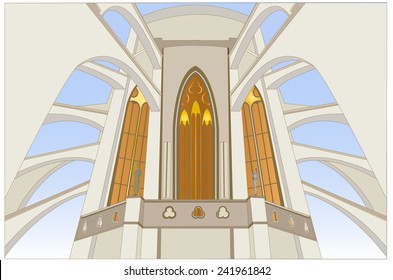 Historical flying buttresses support system, allowing to build a cathedral with heavy vaults at relieving walls for large windows with pointed arches