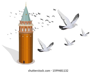 Historical Galata Tower. Vector image. Galata Tower, located in the Galata district of Istanbul, is one of the most important symbols of the city. It was built in the year 528. 