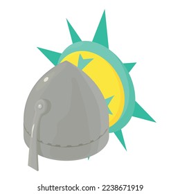 Historical helmet icon isometric vector. Warrior helmet on background of shield. History, retro armor, chivalry