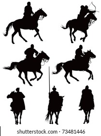 Historical horse riders. Knights and archer from late middle ages. Some of them looks also like cowboys. Vector black illustration on white.