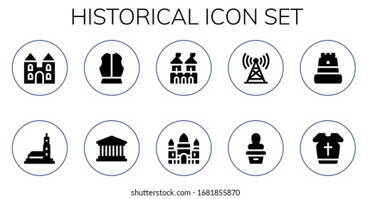 historical icon set. 10 filled historical icons. Included Castle, Hassan mosque, Armour, Pantheon, Fortress, Angkor wat, Tower, Statue icons