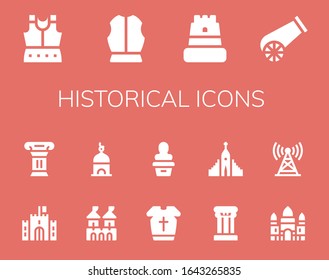 historical icon set. 14 filled historical icons. Included Armour, Castle, Cannon, Column, Fortress, Tower, Statue, Hallgrimskirkja, Angkor wat icons