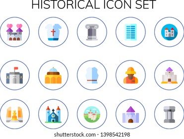 historical icon set. 15 flat historical icons.  Collection Of - castle, armour, palace, column, columns, archeologist, medieval, democracy monument, cathedral