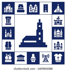historical icon set. 17 filled historical icons.  Collection Of - Castle, Column, Chartres cathedral, Hassan mosque, Armour, Saint paul, Angkor wat, Pantheon, Statue, Tower, Hallgrimskirkja
